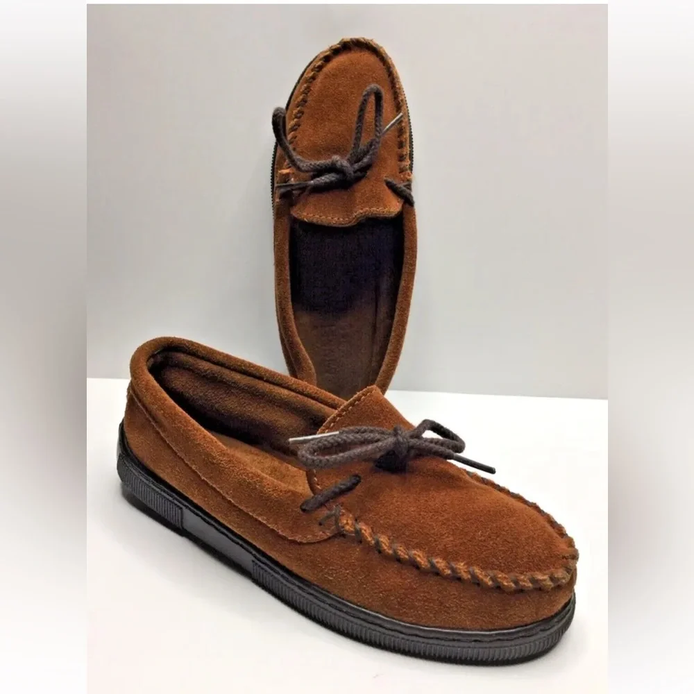 Minnetonka Kid's Moccasins Brown Suede Leather Rubber Soles Size 1M
